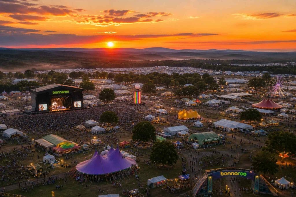 Bonnaroo 2026 aerial sunset view of the festival grounds and main stages in Manchester Tennessee