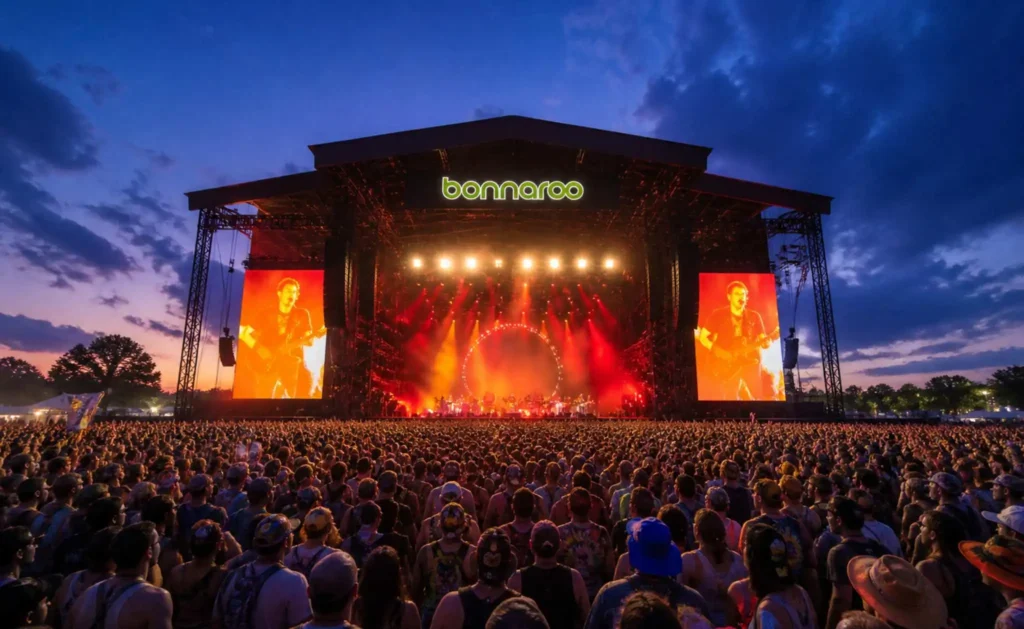 Live concert at Bonnaroo 2026 What Stage with massive crowd at sunset