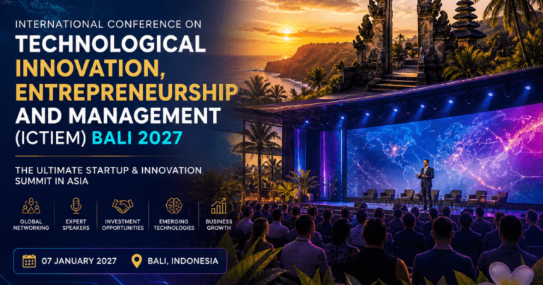International Conference on Technological Innovation, Entrepreneurship and Management (ICTIEM) Bali 2027 conference stage with global audience and futuristic presentation setup in Asia