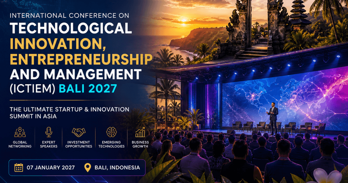 International Conference on Technological Innovation, Entrepreneurship and Management (ICTIEM) Bali 2027 conference stage with global audience and futuristic presentation setup in Asia